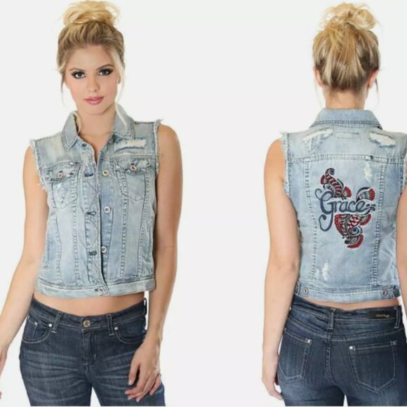 Grace in LA Jeans Embroidered Distressed Cropped Denim Vest - Small - Picture 1 of 10